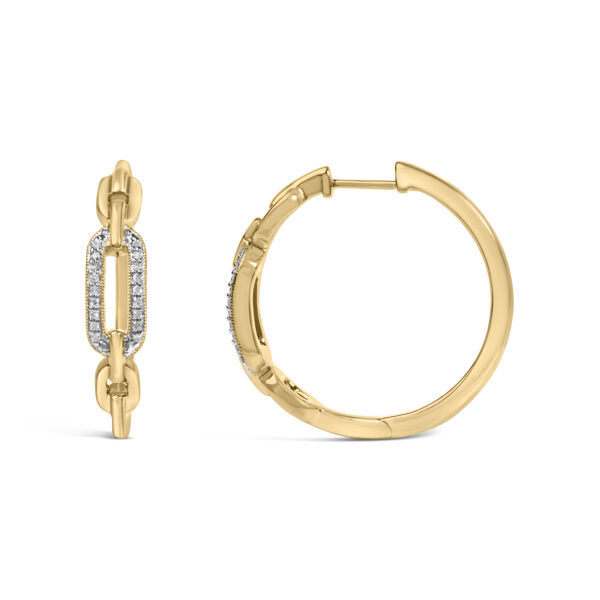Close-up of pave-set diamonds along the paperclip hoop earring's open frame