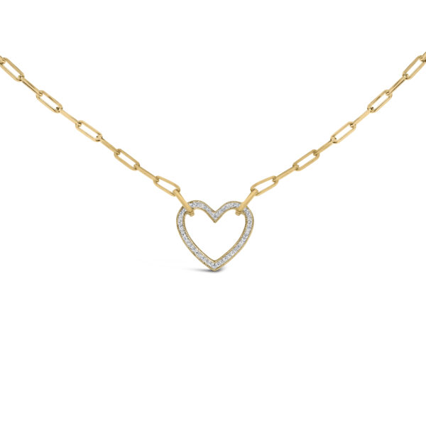 Heart-shaped pendant with pave-set diamonds on a paperclip chain, laid flat