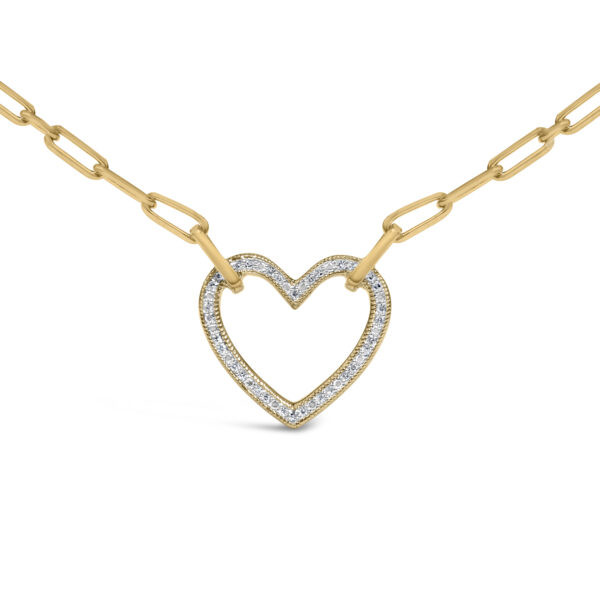 Close-up of the heart pendant showing pave-set round diamonds