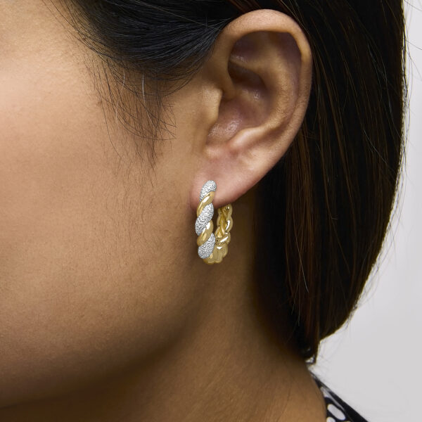 Gold rope hoop earring worn on a model's ear