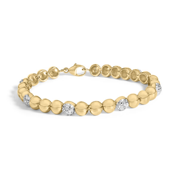 24K Gold plated bold dome bead link bracelet with pave diamonds laid flat, showing the full length and lobster claw clasp
