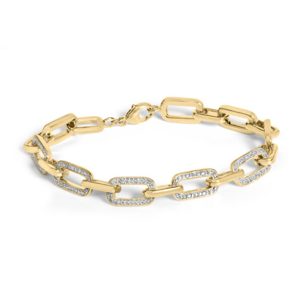 24K gold plated paperclip link bracelet with pave-set diamonds and a lobster claw clasp, laid flat