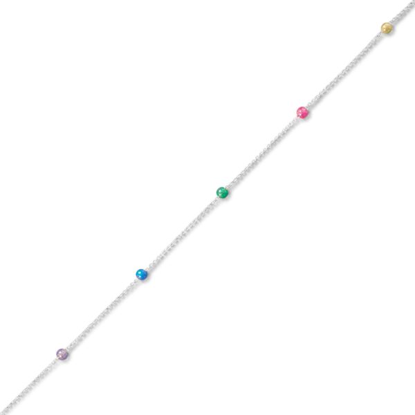 Close view of the spring ring clasp and multicolor plastic beads on a sterling silver anklet