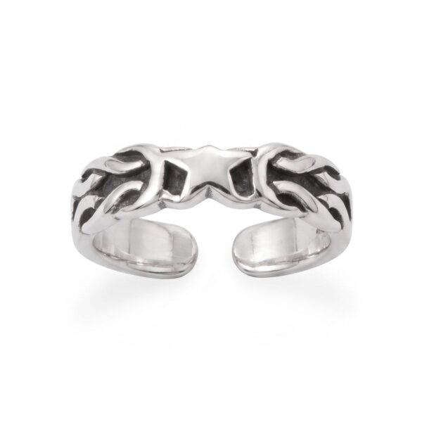 Open sterling silver toe ring with an oxidized Celtic knot and star scroll design band