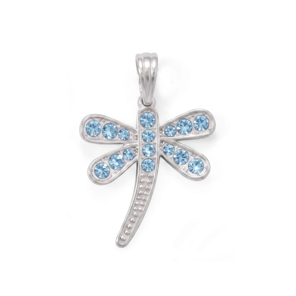 Sterling silver dragonfly pendant with blue pave-set crystals covering the wings and tail