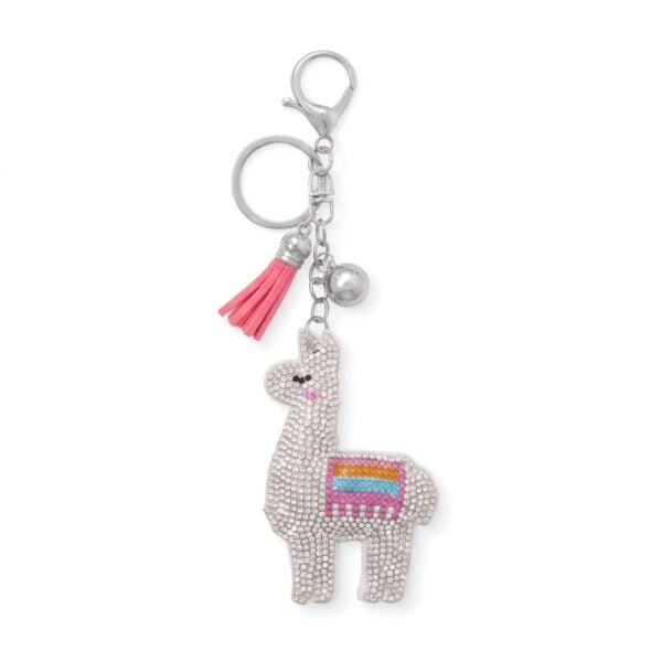 Silver plated llama bag charm with crystal details.