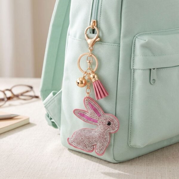 Gold plated crystal bunny bag charm shown from an alternate angle.