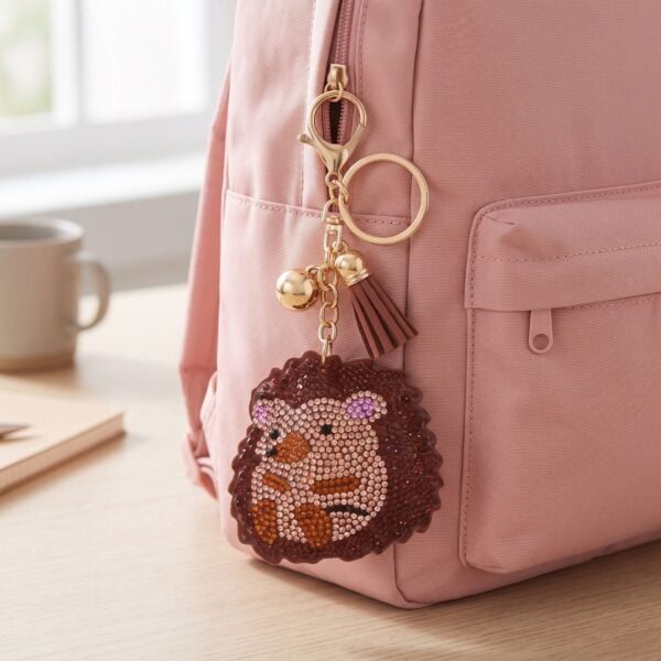 Cuddly hedgehog bag charm with brown crystal and a gold plated finish.