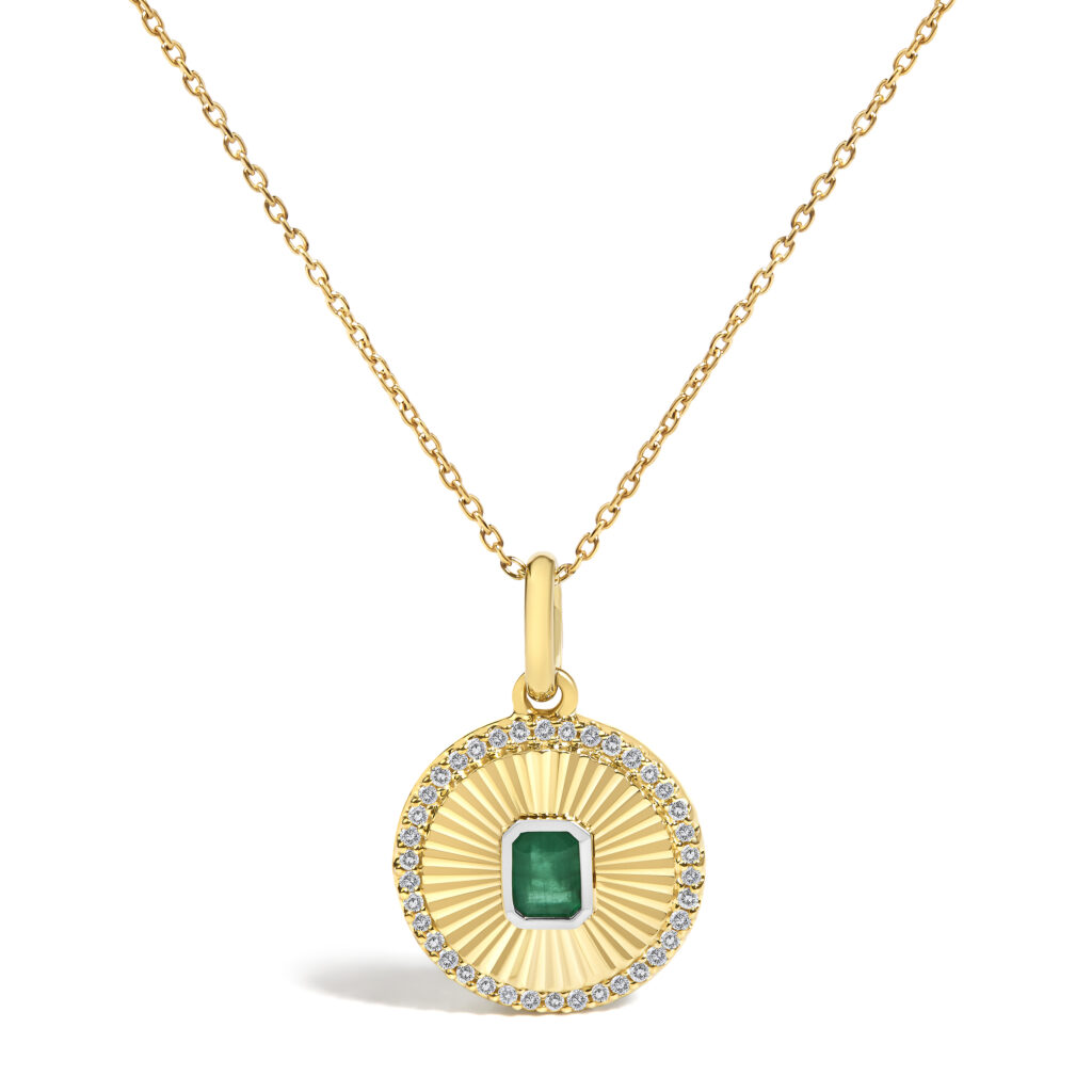 10K Yellow Gold 4x3 MM Emerald and 1/10 Cttw Diamond Circle Fluted Medallion Pendant Necklace