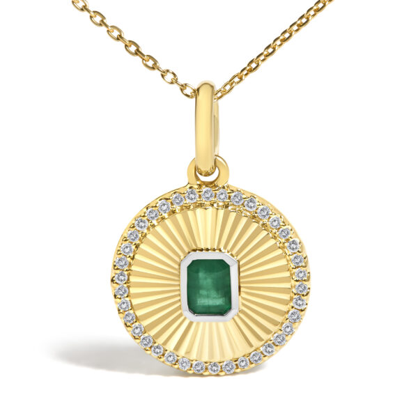 10K Yellow Gold 4x3 MM Emerald and 1/10 Cttw Diamond Circle Fluted Medallion Pendant Necklace - alternate view 2