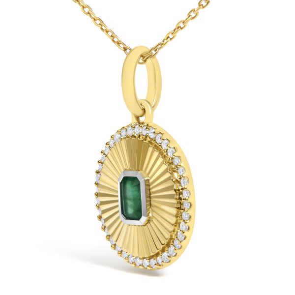 10K Yellow Gold 4x3 MM Emerald and 1/10 Cttw Diamond Circle Fluted Medallion Pendant Necklace - alternate view 3