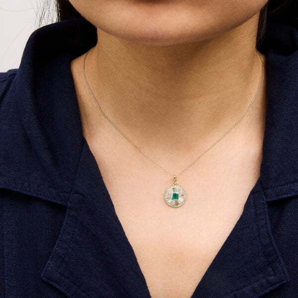 10K Yellow Gold 4x3 MM Emerald and 1/10 Cttw Diamond Circle Fluted Medallion Pendant Necklace - alternate view 5