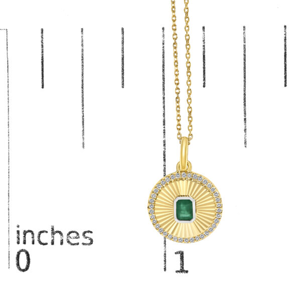 10K Yellow Gold 4x3 MM Emerald and 1/10 Cttw Diamond Circle Fluted Medallion Pendant Necklace - alternate view 4