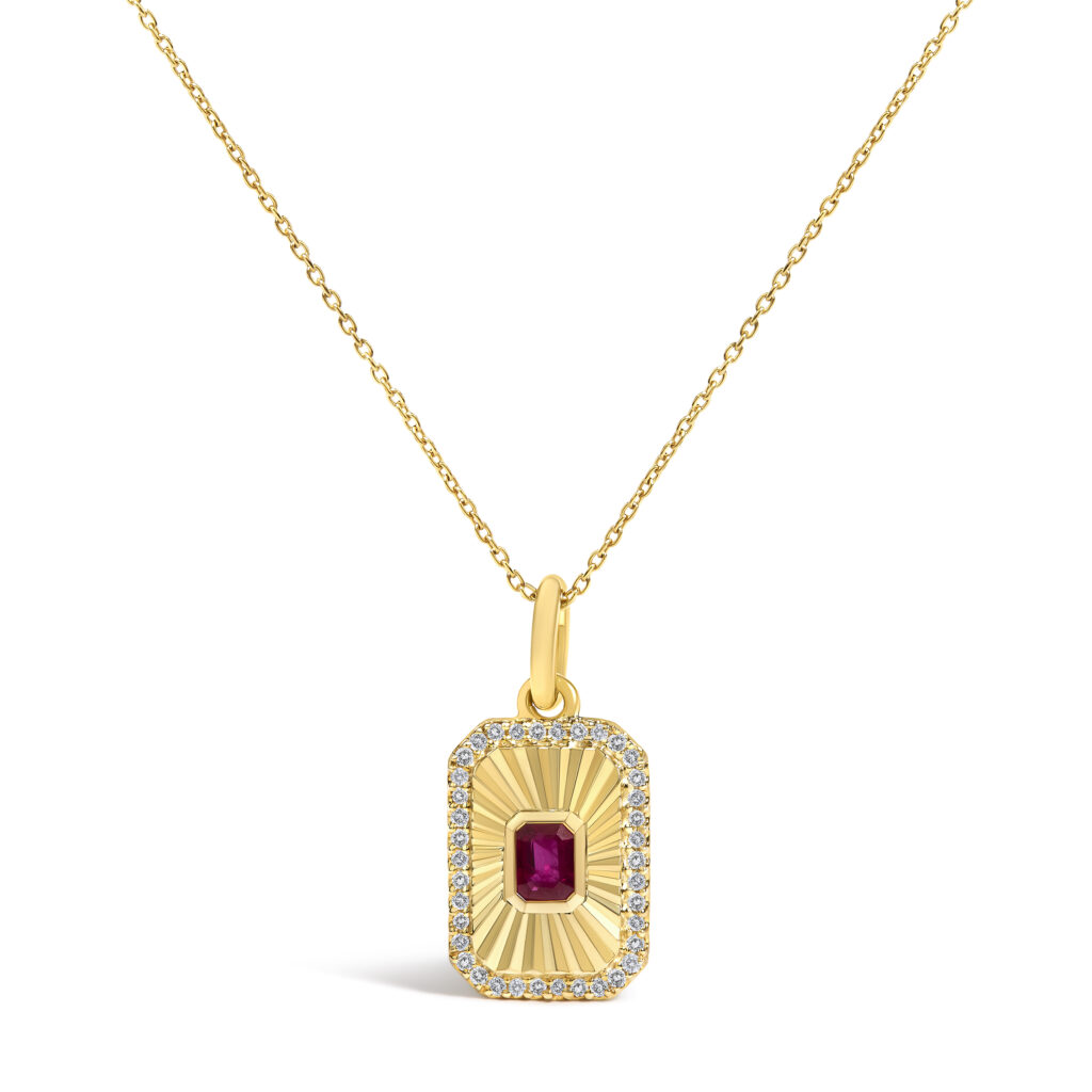 10K Yellow Gold 4x3 MM Ruby and 1/10 Cttw Diamond Rectangular Fluted Medallion Pendant Necklace