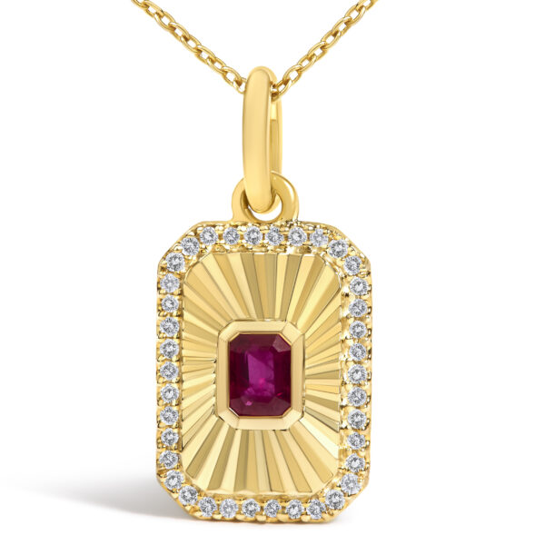 10K Yellow Gold 4x3 MM Ruby and 1/10 Cttw Diamond Rectangular Fluted Medallion Pendant Necklace - alternate view 2
