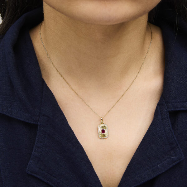 10K Yellow Gold 4x3 MM Ruby and 1/10 Cttw Diamond Rectangular Fluted Medallion Pendant Necklace - alternate view 5
