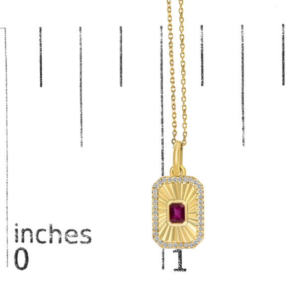 10K Yellow Gold 4x3 MM Ruby and 1/10 Cttw Diamond Rectangular Fluted Medallion Pendant Necklace - alternate view 4