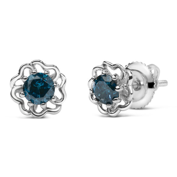 .925 Sterling Silver 1/2 Cttw Blue Diamond with Openwork Floral Halo Stud Earrings - alternate view 2