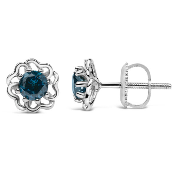 .925 Sterling Silver 1/2 Cttw Blue Diamond with Openwork Floral Halo Stud Earrings - alternate view 3