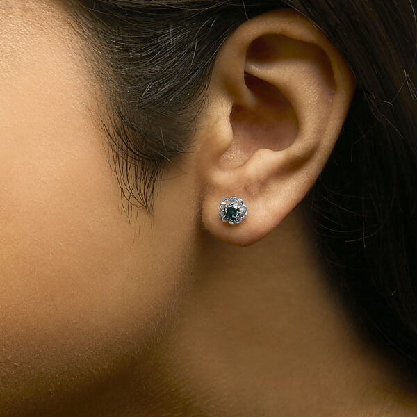 .925 Sterling Silver 1/2 Cttw Blue Diamond with Openwork Floral Halo Stud Earrings - alternate view 5