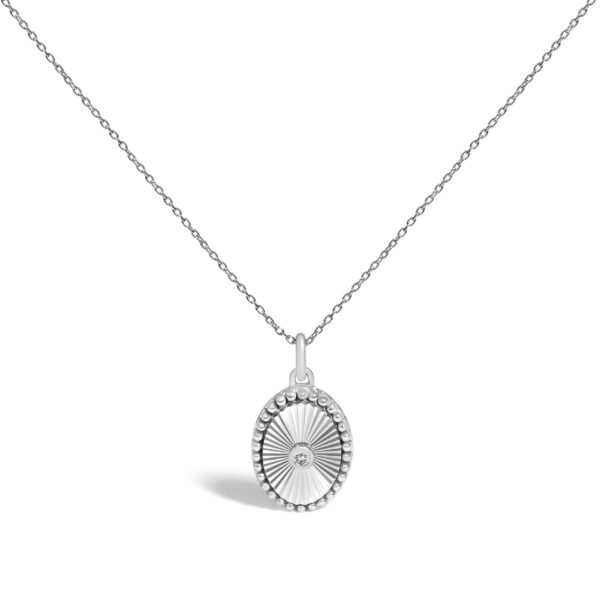 14K White Gold Diamond Accent Oval Fluted Medallion Pendant Necklace