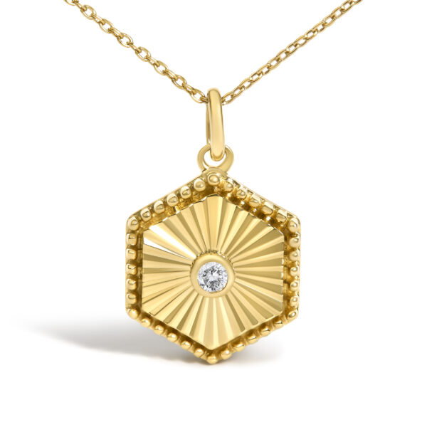14K Yellow Gold Diamond Accent Fluted Hexagon Medallion Pendant Necklace - alternate view 2