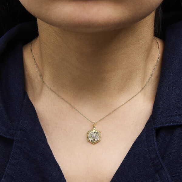 14K Yellow Gold Diamond Accent Fluted Hexagon Medallion Pendant Necklace - alternate view 5