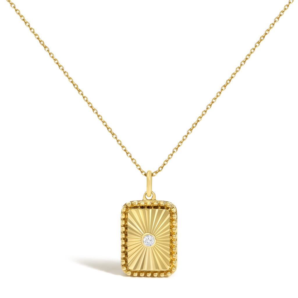 14K Yellow Gold Diamond Accent Rectangular Fluted Medallion Pendant Necklace
