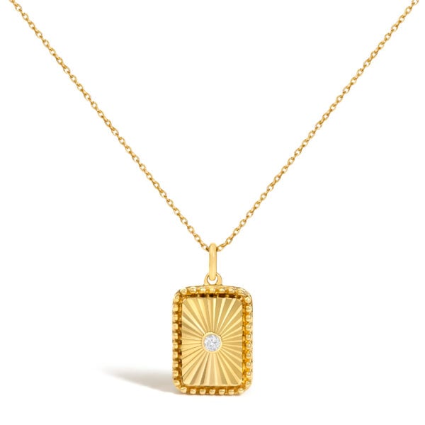 14K Yellow Gold Diamond Accent Rectangular Fluted Medallion Pendant Necklace