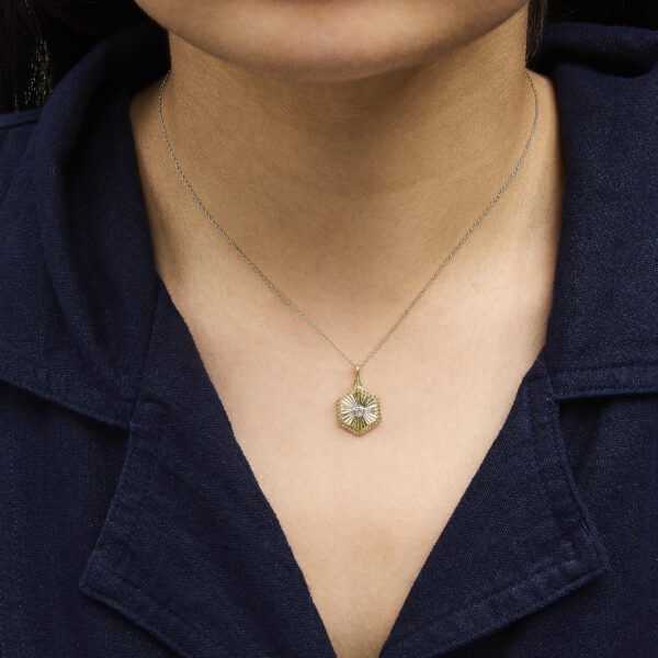 10K Yellow Gold Diamond Accent Hexagonal Fluted Medallion Pendant Necklace - alternate view 5