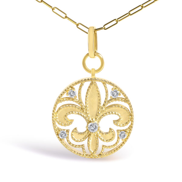 14K Yellow Gold 1/4 Cttw Round Diamond Openwork Fleur de Lis Medallion Pendant Necklace - alternate view 2