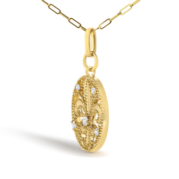14K Yellow Gold 1/4 Cttw Round Diamond Openwork Fleur de Lis Medallion Pendant Necklace - alternate view 3