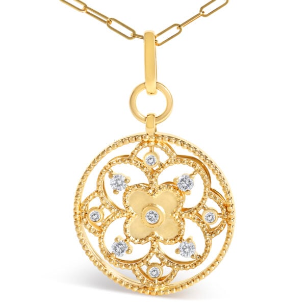 14K Yellow Gold 1/4 Cttw Diamond Openwork Medallion Pendant Necklace - alternate view 2