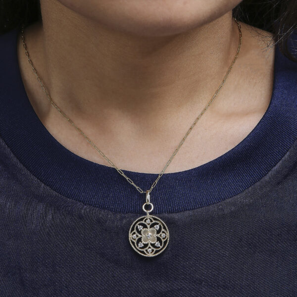 14K Yellow Gold 1/4 Cttw Diamond Openwork Medallion Pendant Necklace - alternate view 5