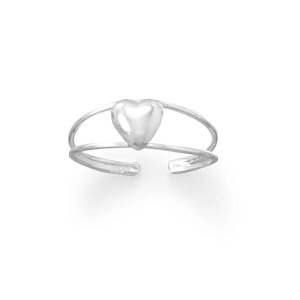 Polished domed heart toe ring in a white metal tone with two open polished bands