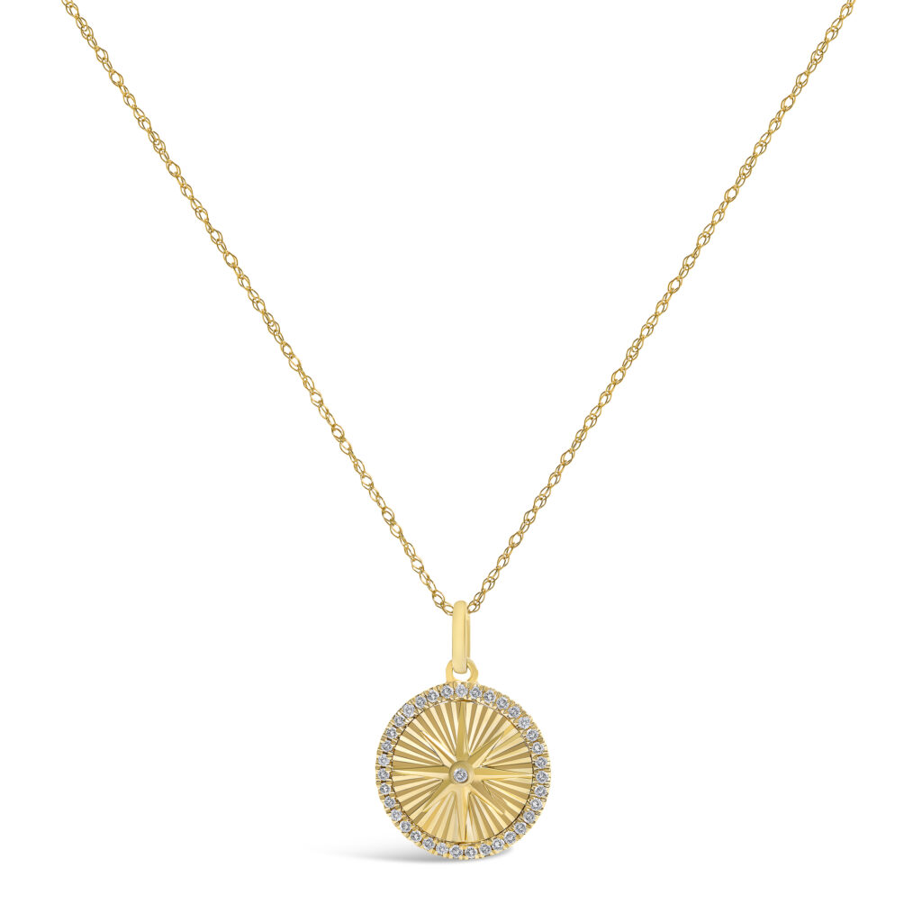 14K Yellow Gold 1/5 Cttw Diamond Starburst Fluted Medallion Pendant Necklace