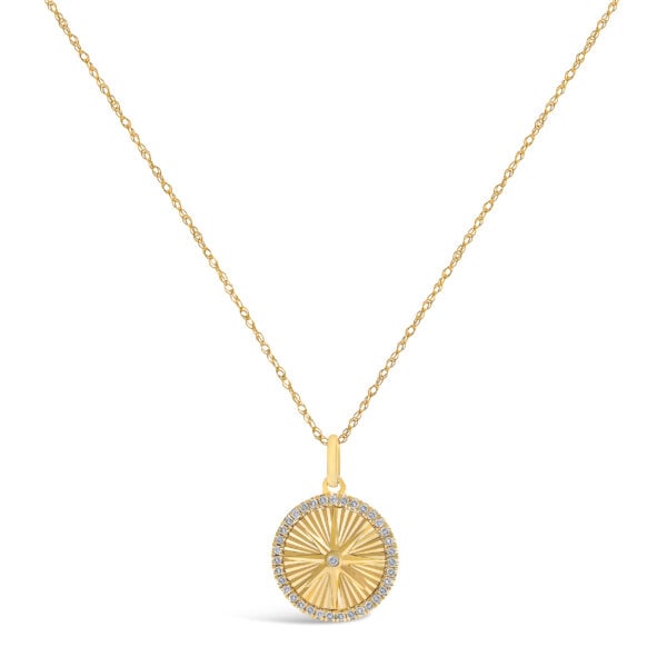 14K Yellow Gold 1/5 Cttw Diamond Starburst Fluted Medallion Pendant Necklace