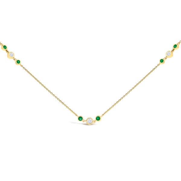 14K Yellow Gold Emerald and 1/2 Cttw Diamond Station Necklace