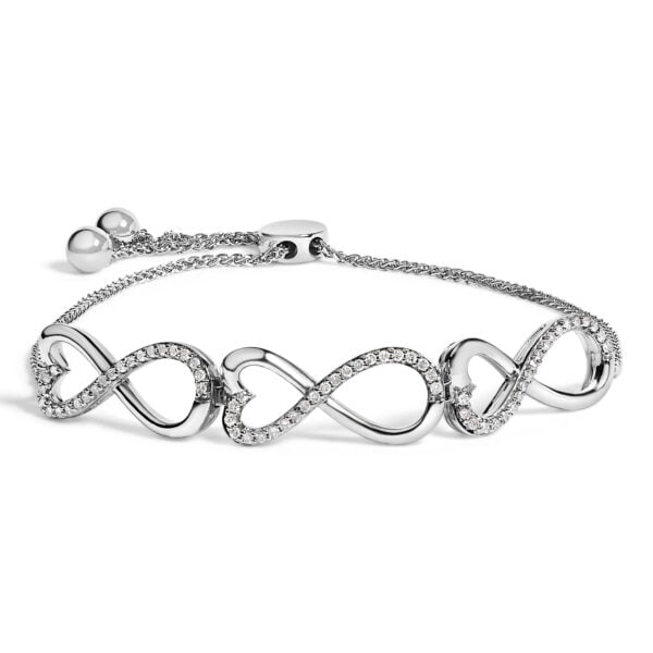 Sterling bolo bracelet with infinity heart links set with round diamonds, laid flat