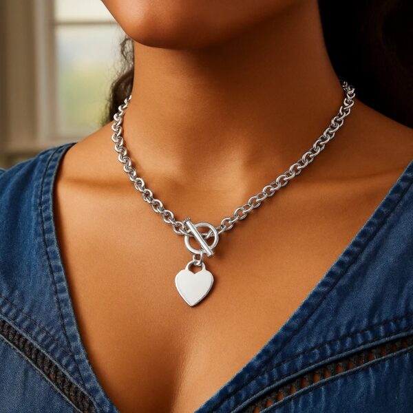 Sterling Silver Rhodium Plated Rolo Chain Necklace with a Heart Toggle Charm - alternate view 4