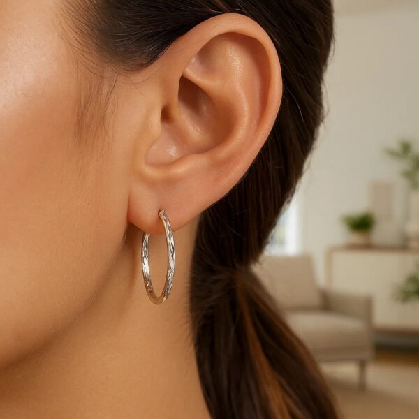 14k White Gold Diamond Cut Hoop Earrings(2x30mm) - alternate view 2