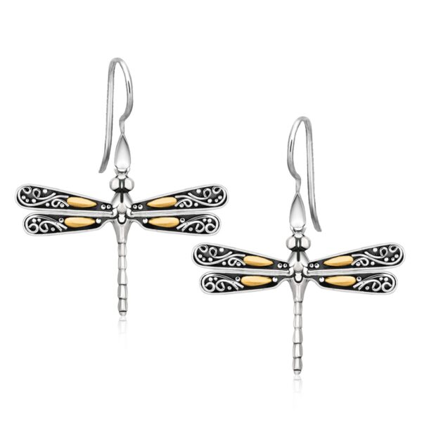 18k Yellow Gold and Sterling Silver Dragonfly Motif Drop Earrings - Yellow Gold &amp; Sterling Silver