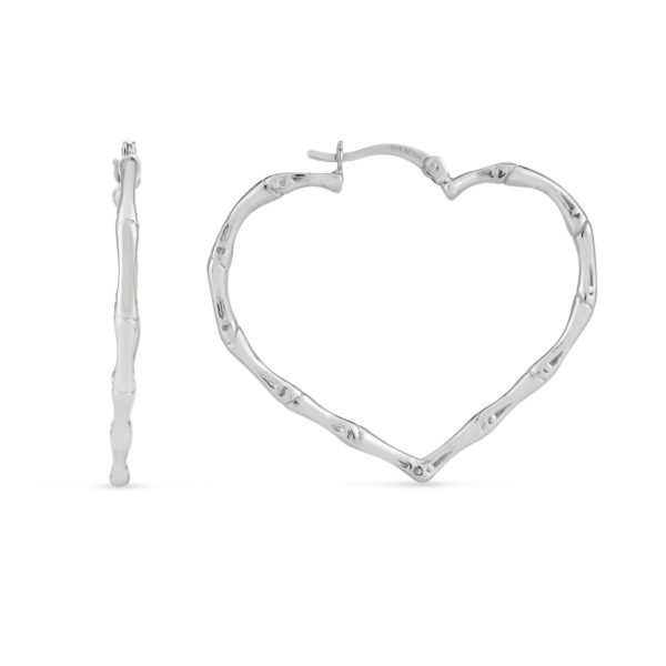 Sterling Silver Rhodium Plated Heart Bamboo Hoop Earrings