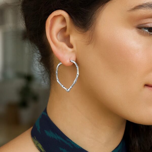 Sterling Silver Rhodium Plated Heart Bamboo Hoop Earrings - alternate view 2