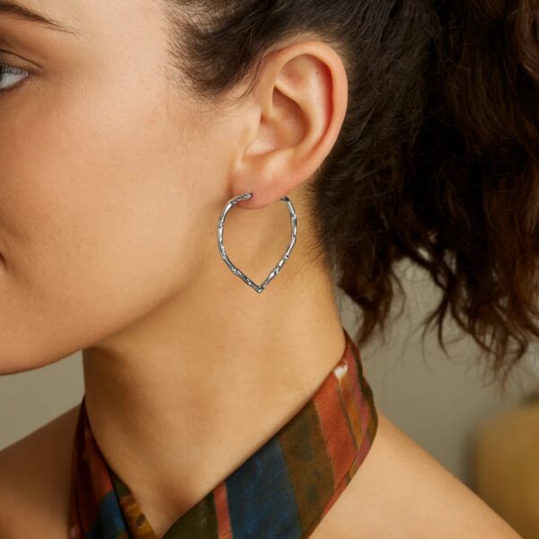 Sterling Silver Rhodium Plated Heart Bamboo Hoop Earrings - alternate view 3