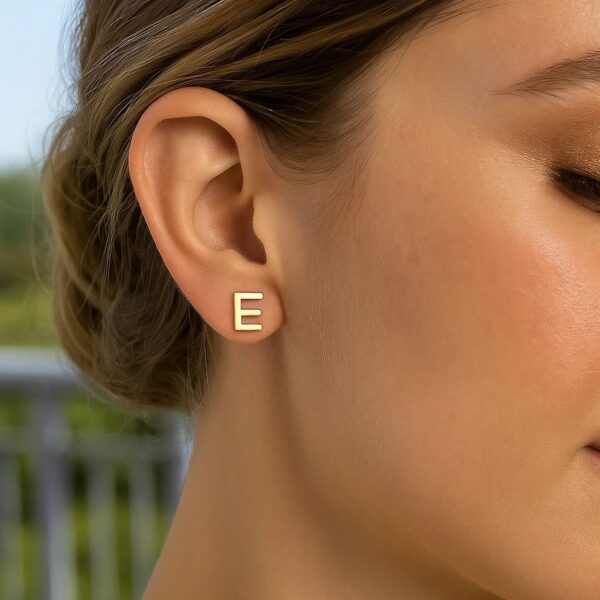 14K Yellow Gold Yours Truly Initial E Stud Earrings - alternate view 2