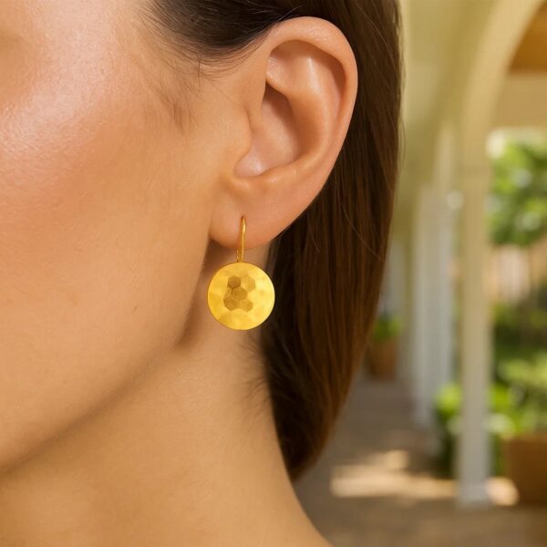 14k Yellow Gold Hammered Texture Disc Drop Earrings Medium - alternate view 3