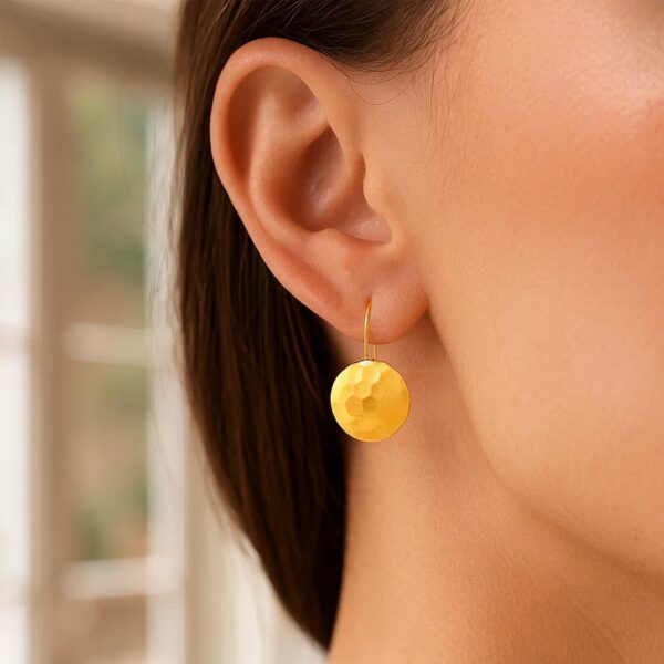14k Yellow Gold Hammered Texture Disc Drop Earrings Medium - alternate view 4