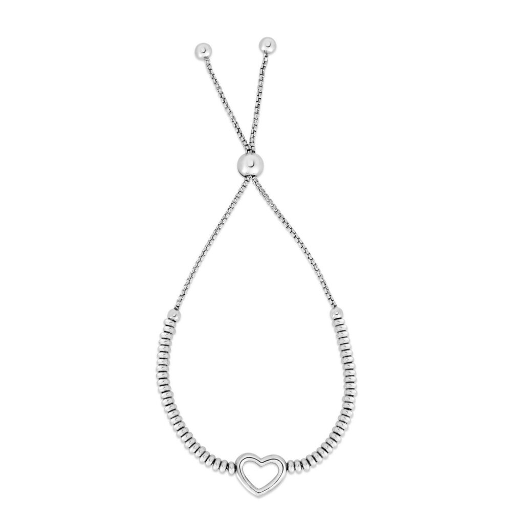 Sterling Silver Rhodium Plated Heart Bead Friendship Bracelet
