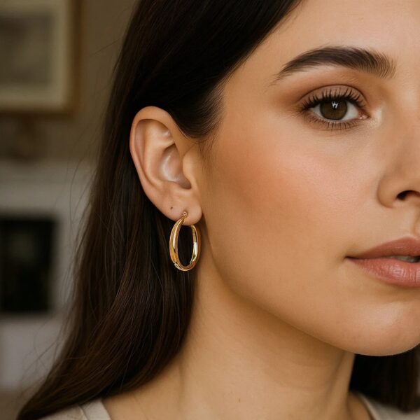 14K Yellow Gold Oval Back to Back Hoop Earrings - alternate view 2